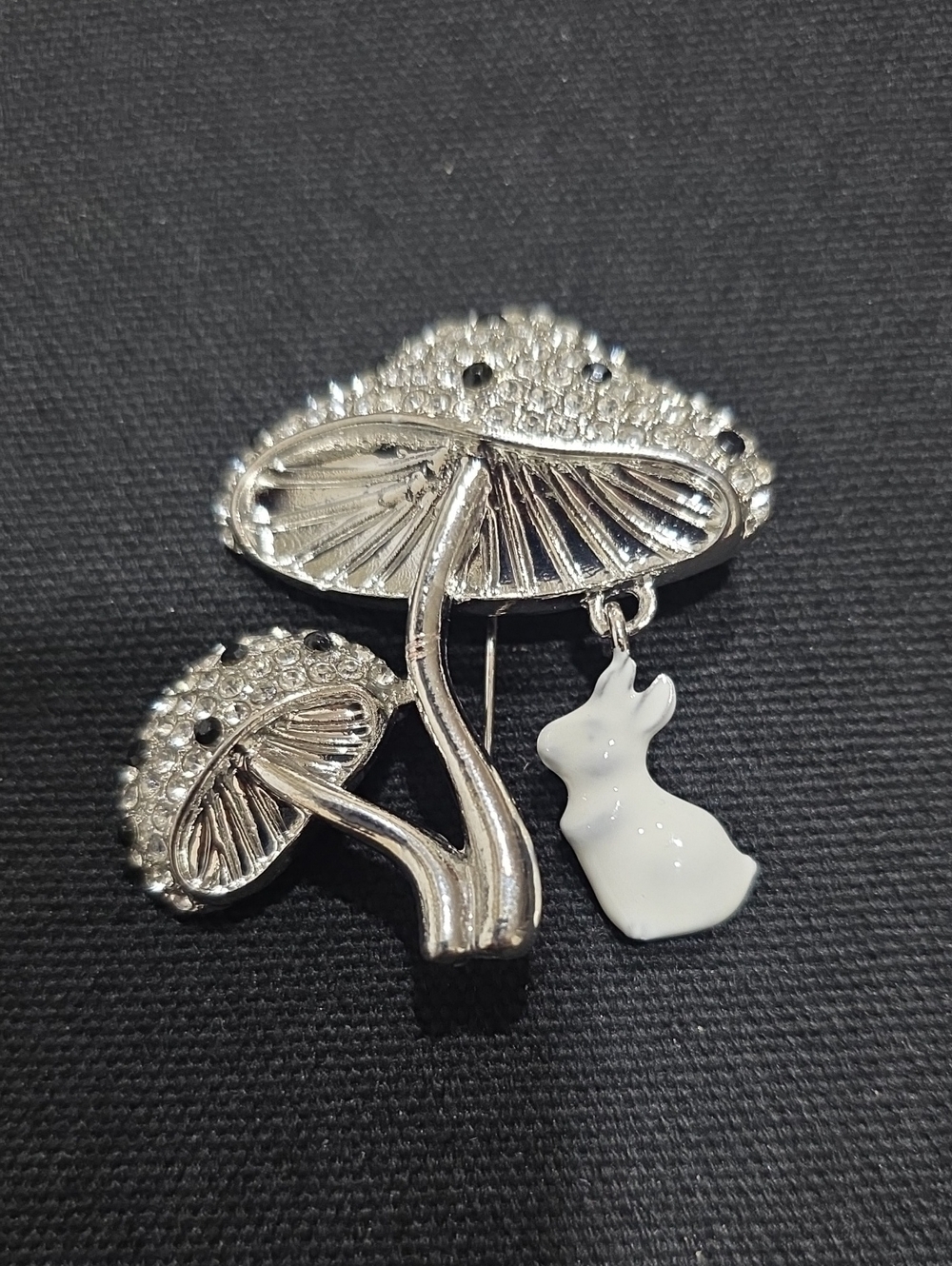 Silverplated Rhinestone Mushroom Brooch with attached White Bunny